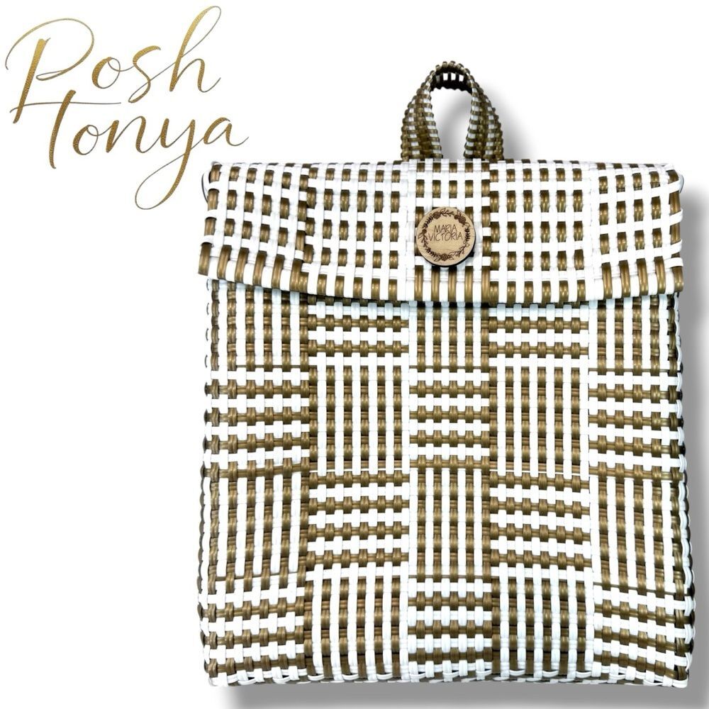 Maria Victoria Large Handmade Woven Backpack Gold White Boho Resort Statement